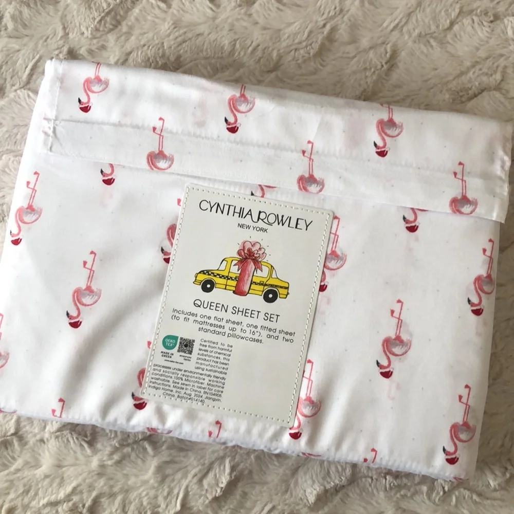 Cynthia Rowley FLAMINGO Santa Sheet Set - QUEEN